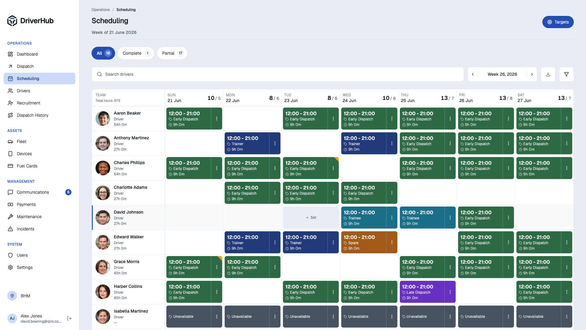 Tarva scheduling — a week of driver shifts across the operating week